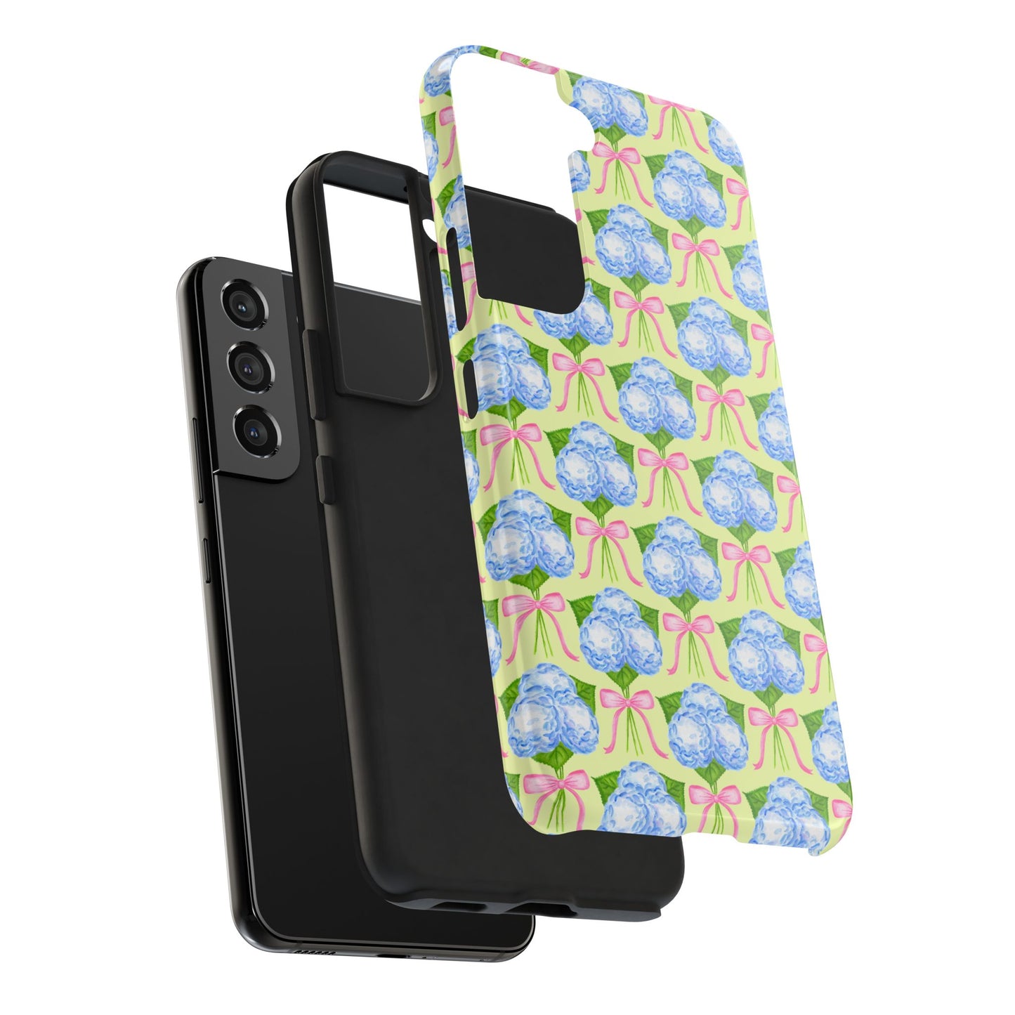 Blue Watercolor Hydrangea Bouquets with Light Pink Bows Watercolor Illustrated Patterned Yellow Tough Phone Case | Various Models
