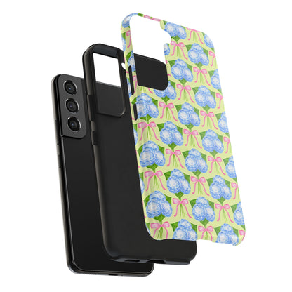 Blue Watercolor Hydrangea Bouquets with Light Pink Bows Watercolor Illustrated Patterned Yellow Tough Phone Case | Various Models