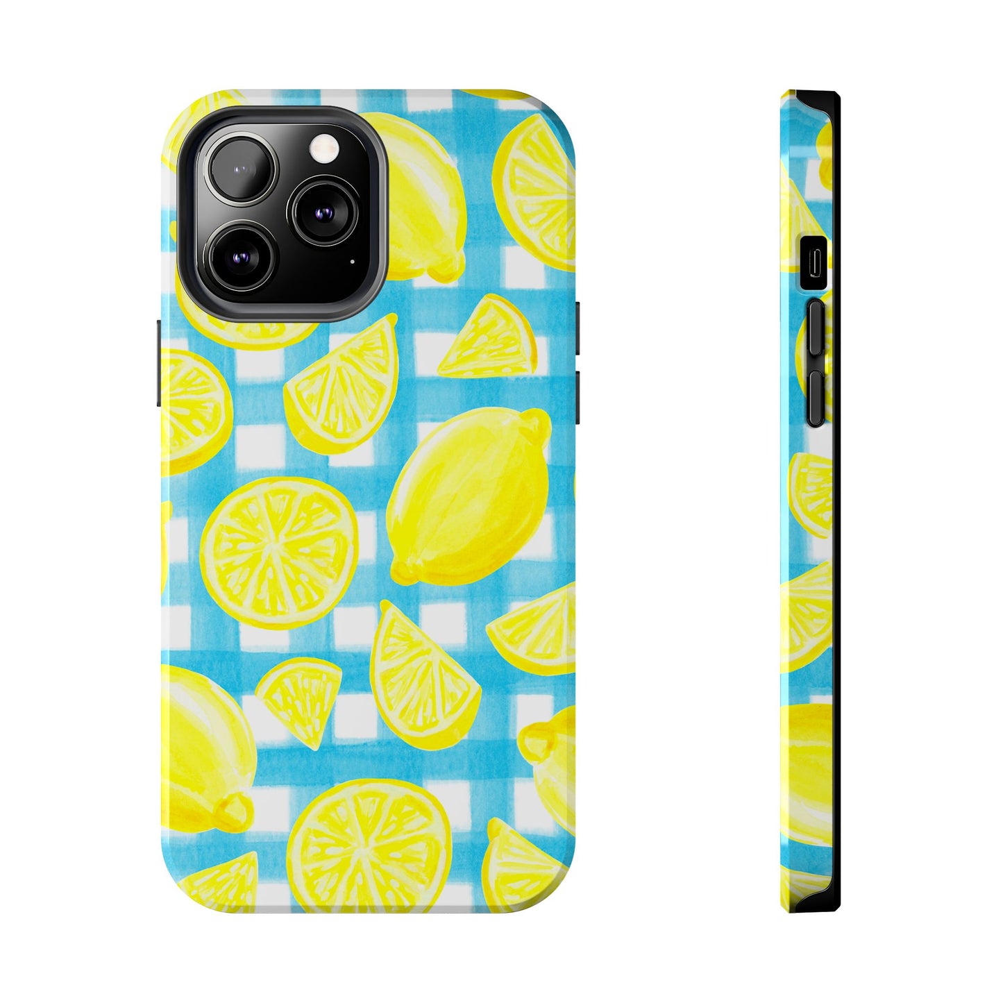Yellow Lemons & Turquoise Gingham Watercolor Illustrated Tough Phone Case | Various Models Available