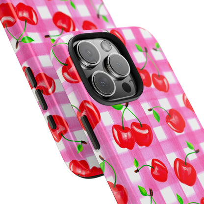 Tossed Red Watercolor Cherries Illustrated Pattern Light Pink Gingham Tough Phone Case | Various Models