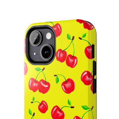 Tossed Red Watercolor Cherries Illustrated Pattern Bright Yellow Tough Phone Case | Various Models