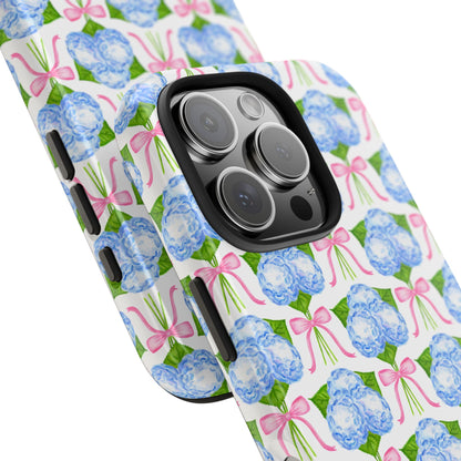 Blue Watercolor Hydrangea Bouqets with Light Pink Bows Watercolor Illustrated Patterned Tough Phone Case | Various Models