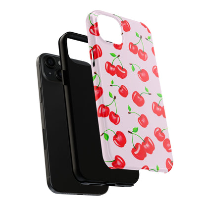 Tossed Red Watercolor Cherries Illustrated Pattern Light Pink Tough Phone Case | Various Models