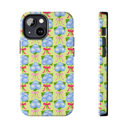 Watercolor Blue Hydrangea Bouquets with Hot Pink and Light Pink Bow Ribbons Illustrated Pattern Yellow Tough Phone Case | Various Models