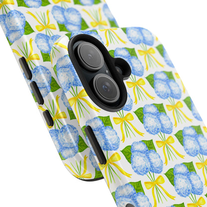 Blue Hydrangea Bouquets with Yellow Bow Ribbon Watercolor Illustrated Patterned Tough Phone Case | Various Models