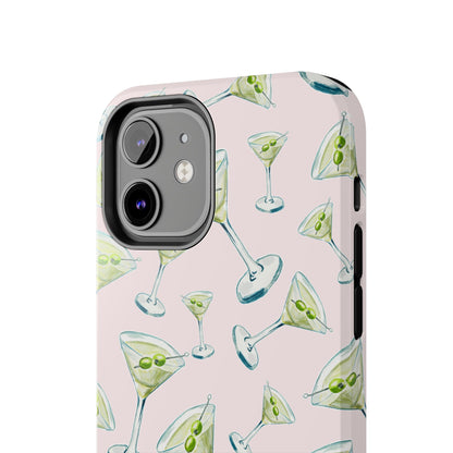 Watercolor Blue and Green Martinis Tossed Illustrated Pattern Blush Pink Tough Phone Case | Various Models