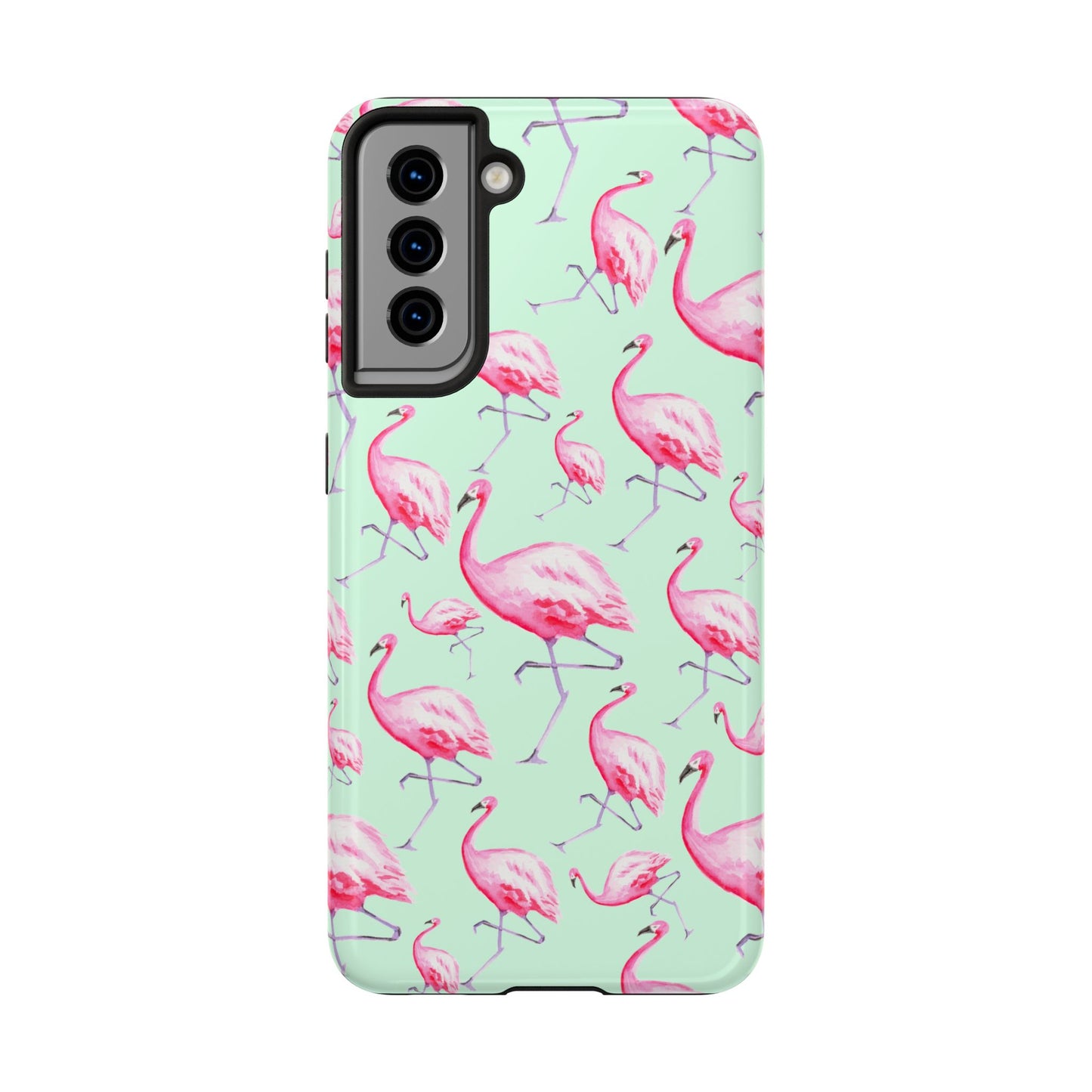 Pink Flamingos Watercolor Illustrated Tossed Pattern Green Phone Case | Various Models Samsung Galaxy S21