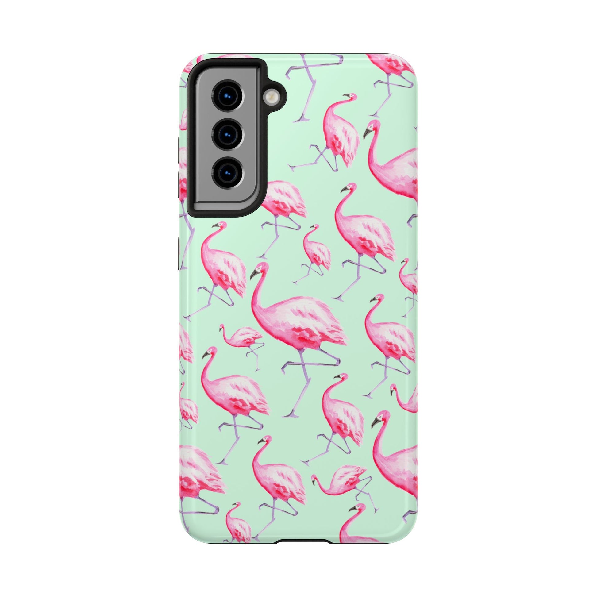 Pink Flamingos Watercolor Illustrated Tossed Pattern Green Phone Case | Various Models Samsung Galaxy S21