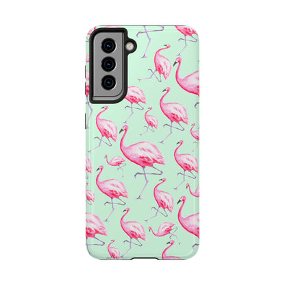 Pink Flamingos Watercolor Illustrated Tossed Pattern Green Phone Case | Various Models Samsung Galaxy S21