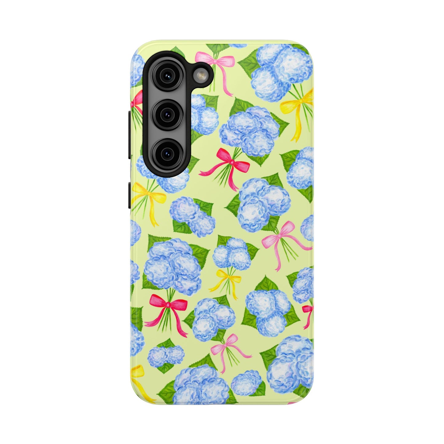 Blue Watercolor Hydrangea Bunches with Hot Pink, Yellow, Light Pink Bows Illustrated Patterned Yellow Tough Phone Case | Various Models