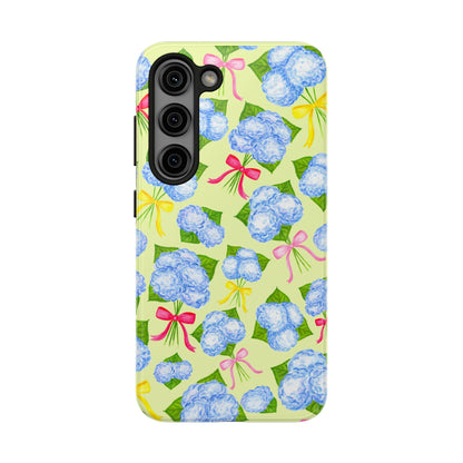 Blue Watercolor Hydrangea Bunches with Hot Pink, Yellow, Light Pink Bows Illustrated Patterned Yellow Tough Phone Case | Various Models