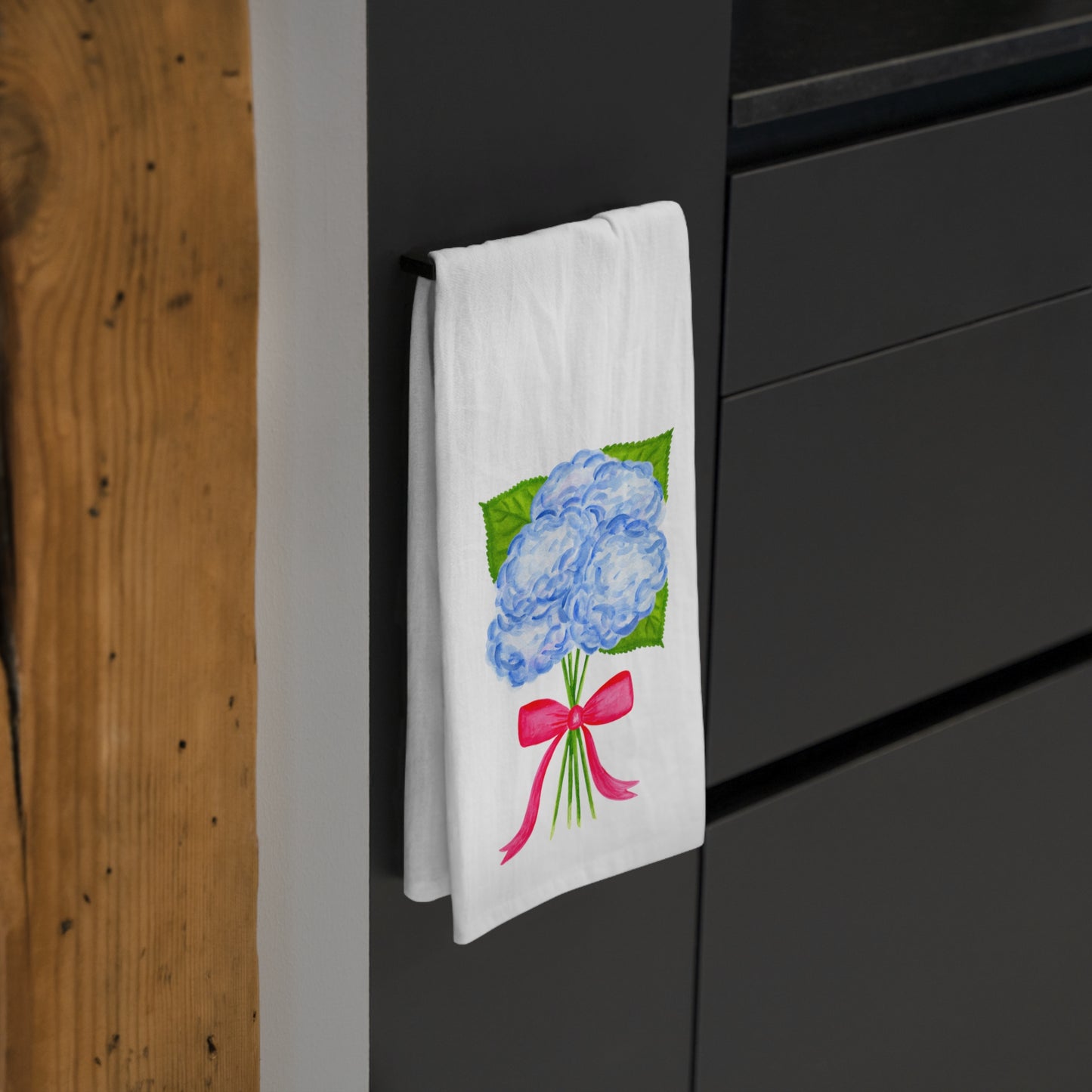 Tea Towel | Watercolor Blue Hydrangeas with Hot Pink Bow Illustration Printed | Preppy Coastal Kitchen Decor Gifts