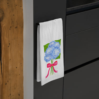 Tea Towel | Watercolor Blue Hydrangeas with Hot Pink Bow Illustration Printed | Preppy Coastal Kitchen Decor Gifts