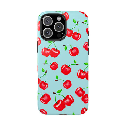 Tossed Red Watercolor Cherries Illustrated Pattern Bright Blue Tough Phone Case | Various Models