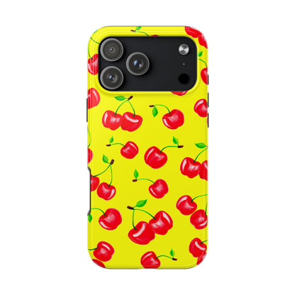 Tossed Red Watercolor Cherries Illustrated Pattern Bright Yellow Tough Phone Case | Various Models