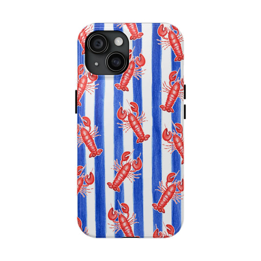 Blue & White Strip Red Lobster Watercolor Patterned Phone Case | Various Models iPhone 15