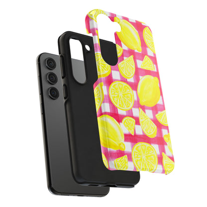 Yellow Lemons & Hot Pink Gingham Watercolor Illustrated Tough Phone Case | Various Models Available