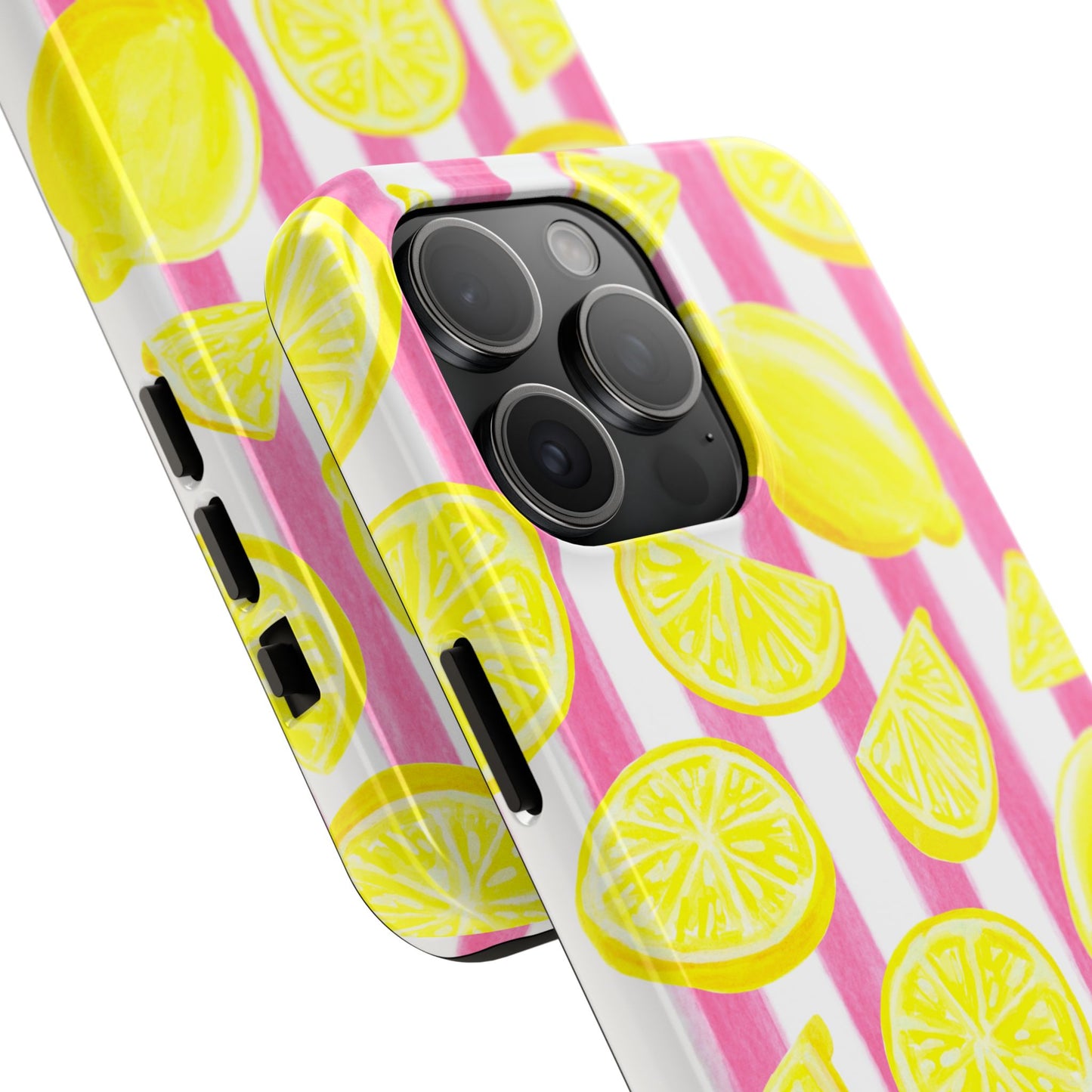 Pink Lemonade Yellow Lemons with Pink & White Watercolor Stripes Tough Phone Case