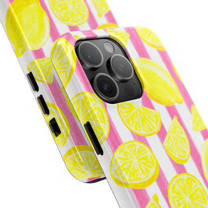 Pink Lemonade Yellow Lemons with Pink & White Watercolor Stripes Tough Phone Case