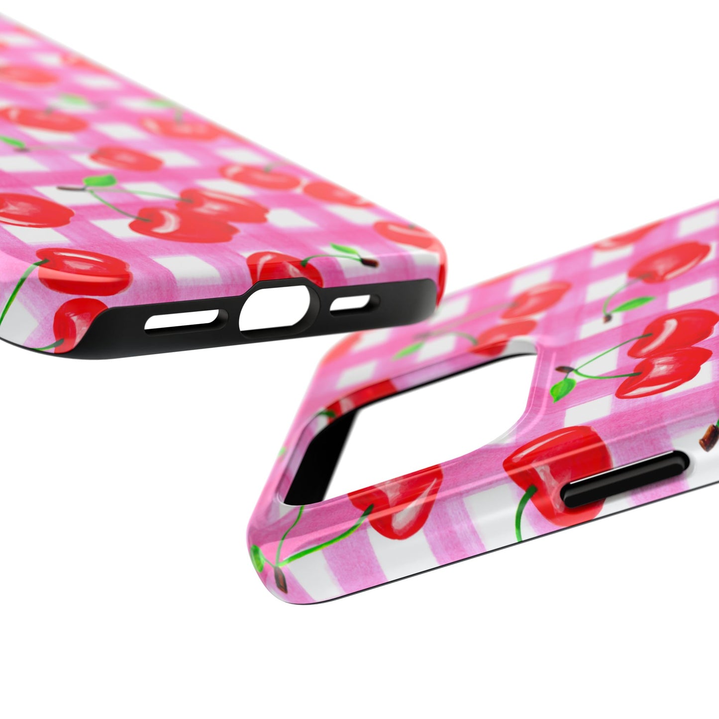 Tossed Red Watercolor Cherries Illustrated Pattern Light Pink Gingham Tough Phone Case | Various Models
