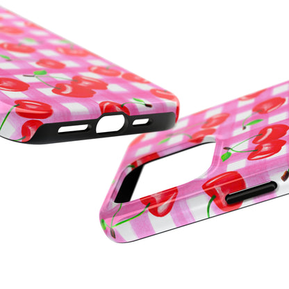 Tossed Red Watercolor Cherries Illustrated Pattern Light Pink Gingham Tough Phone Case | Various Models