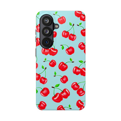 Tossed Red Watercolor Cherries Illustrated Pattern Bright Blue Tough Phone Case | Various Models