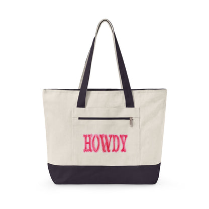 Hot Pink Howdy Watercolor Printed Zippered Canvas Tote 18" x 14" | Various Colors