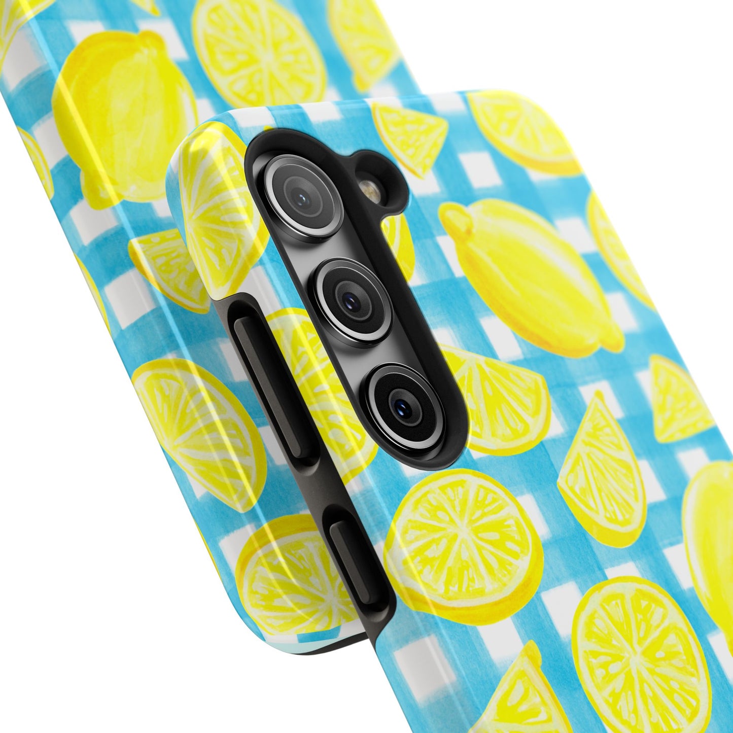 Bright Yellow Lemons Watercolor Illustrated Tossed Pattern Turquoise Gingham Tough Phone Case | Various Models