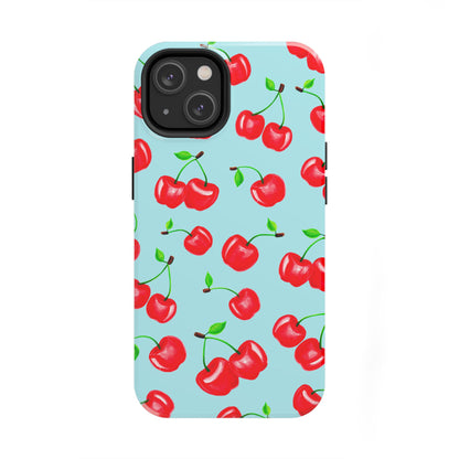 Tossed Red Watercolor Cherries Illustrated Pattern Bright Blue Tough Phone Case | Various Models