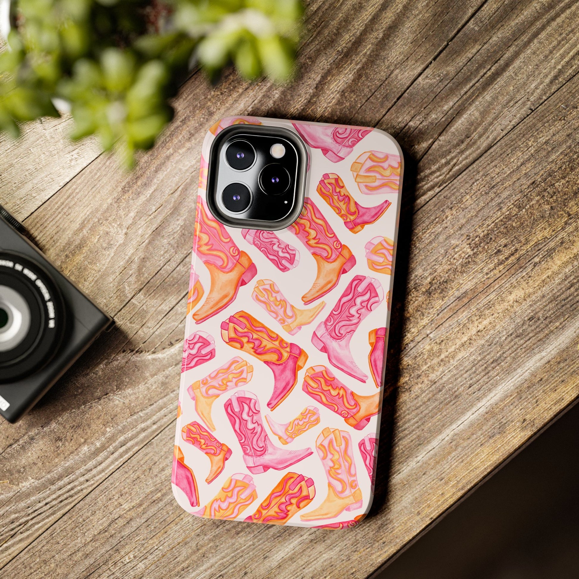 Tossed Hot Pink & Orange Watercolor Cowboy Boots Tough Light Pink Phone Case | Various Models Available