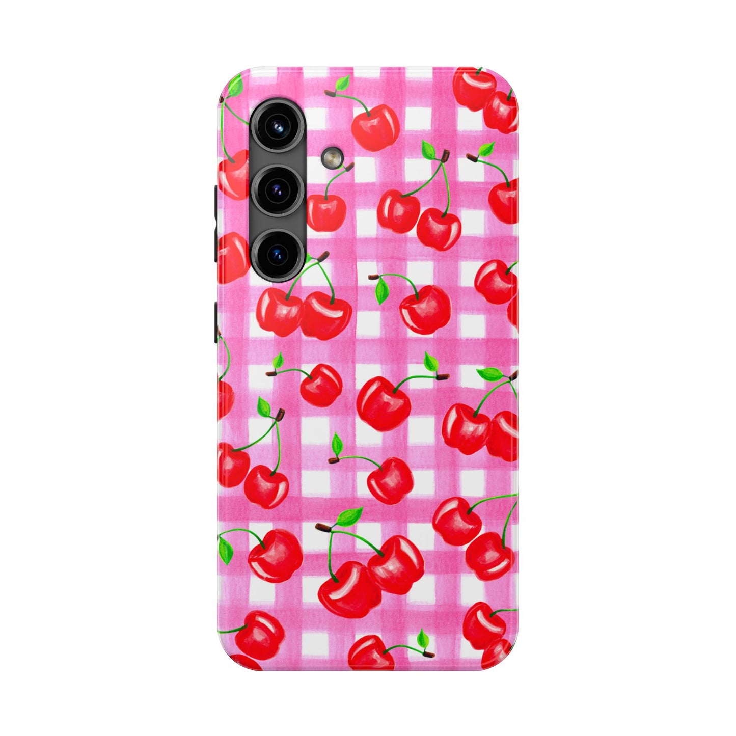 Tossed Red Watercolor Cherries Illustrated Pattern Light Pink Gingham Tough Phone Case | Various Models