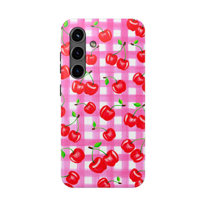 Tossed Red Watercolor Cherries Illustrated Pattern Light Pink Gingham Tough Phone Case | Various Models
