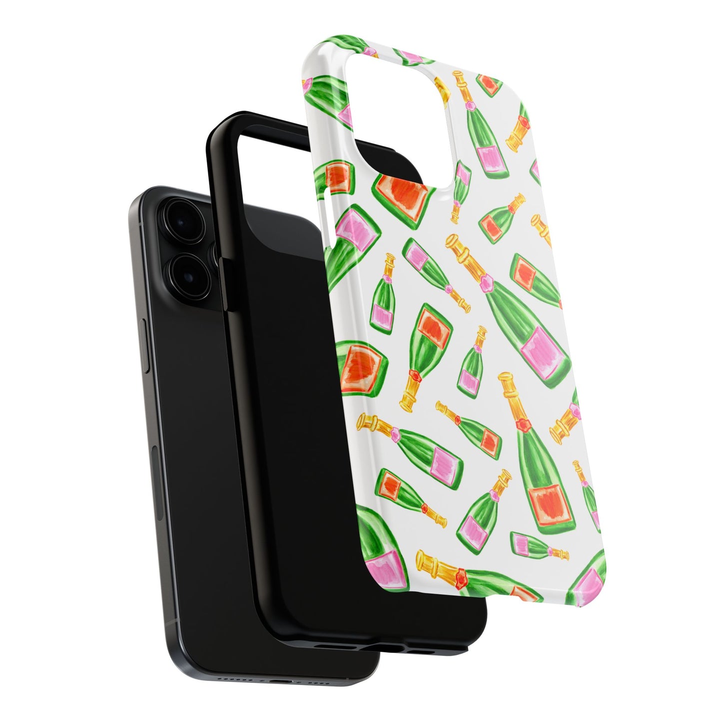 Tossed Pink and Green & Orange and Green Watercolor Illustrated Champagne Bottles Pattern Tough Phone Case | Various Models