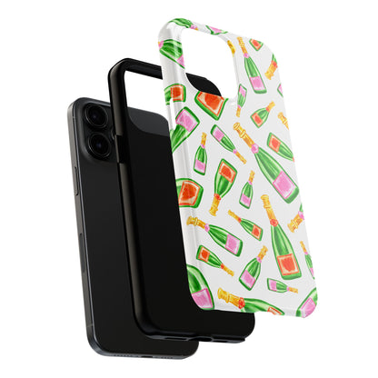 Tossed Pink and Green & Orange and Green Watercolor Illustrated Champagne Bottles Pattern Tough Phone Case | Various Models