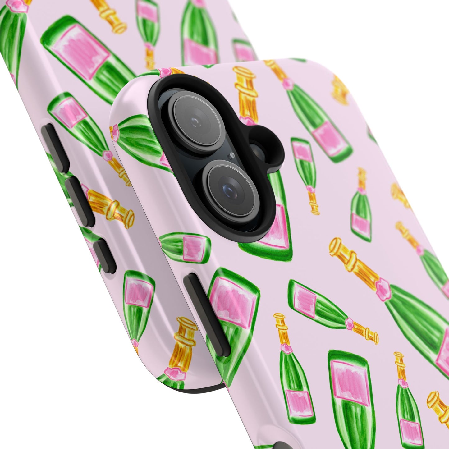 Tossed Pink and Green Watercolor Illustrated Champagne Bottles Pattern Blush Pink Tough Phone Case | Various Models