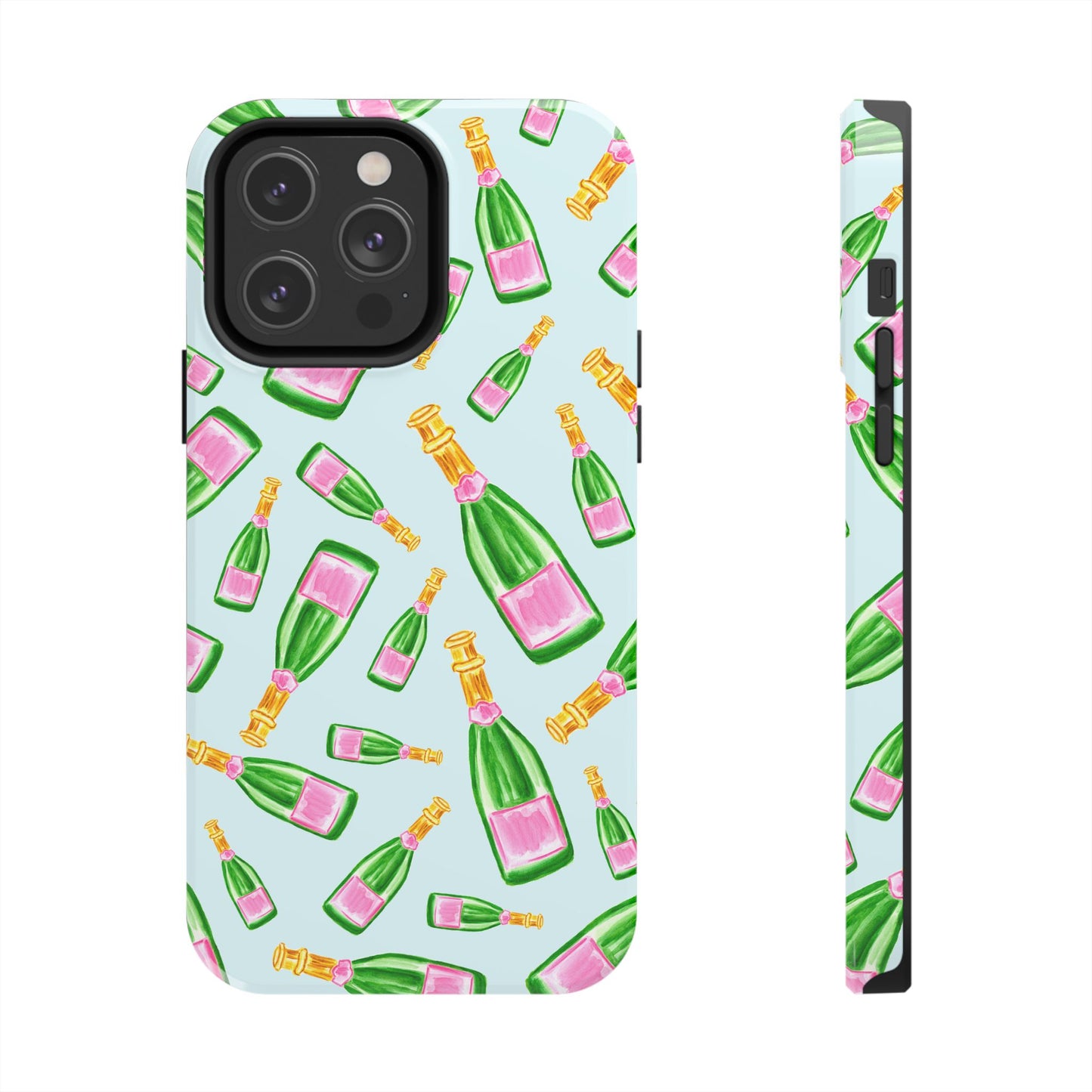 Tossed Pink and Green Watercolor Illustrated Champagne Bottles Pattern Light Blue Tough Phone Case | Various Models