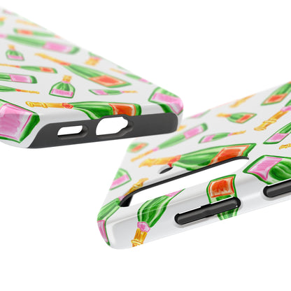 Tossed Pink and Green & Orange and Green Watercolor Illustrated Champagne Bottles Pattern Tough Phone Case | Various Models