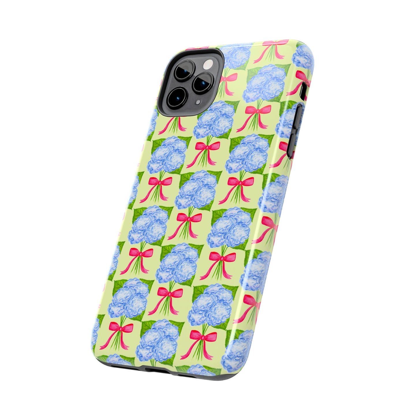 Blue Watercolor Hydrangea Bouquets with Hot Pink Bows Illustrated Patterned Yellow Preppy Grand Millenial Tough Phone Case | Various Models