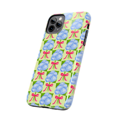 Blue Watercolor Hydrangea Bouquets with Hot Pink Bows Illustrated Patterned Yellow Preppy Grand Millenial Tough Phone Case | Various Models