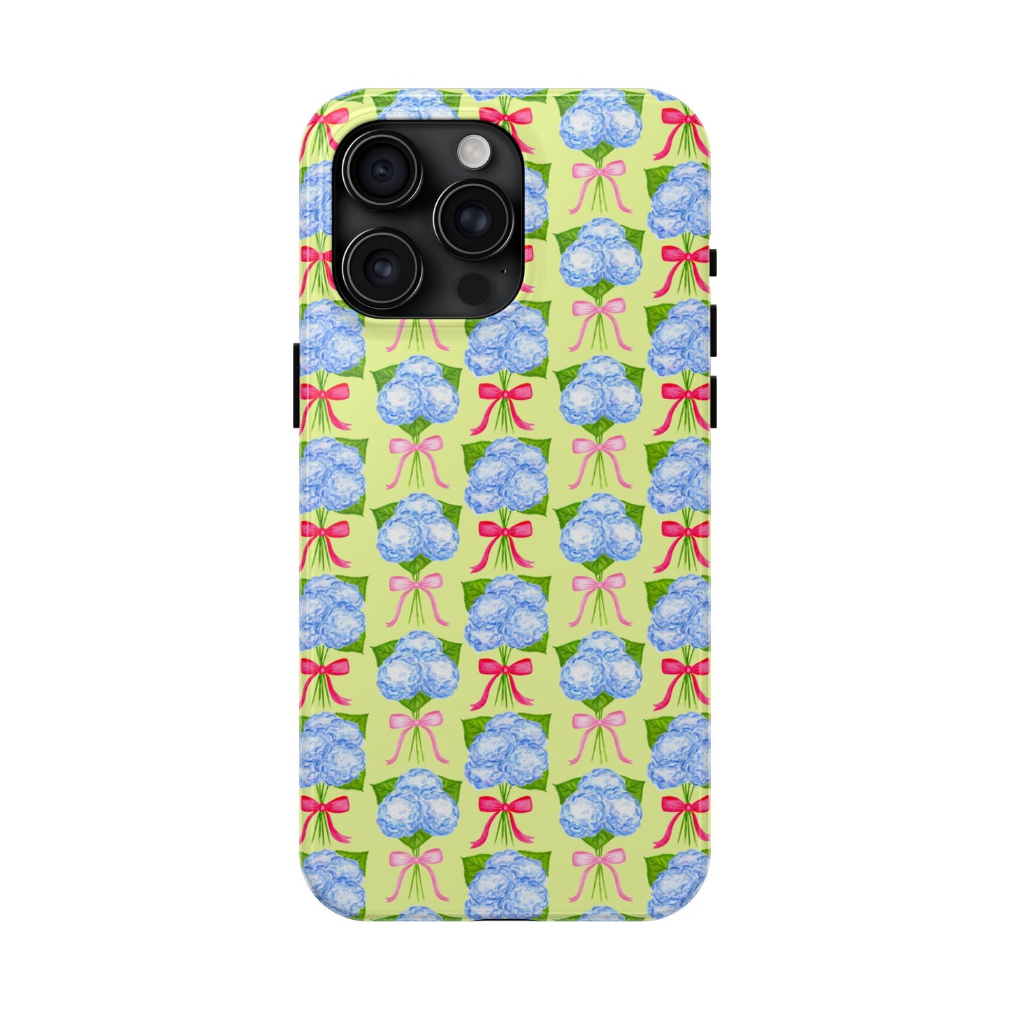 Watercolor Blue Hydrangea Bouquets with Hot Pink and Light Pink Bow Ribbons Illustrated Pattern Yellow Tough Phone Case | Various Models
