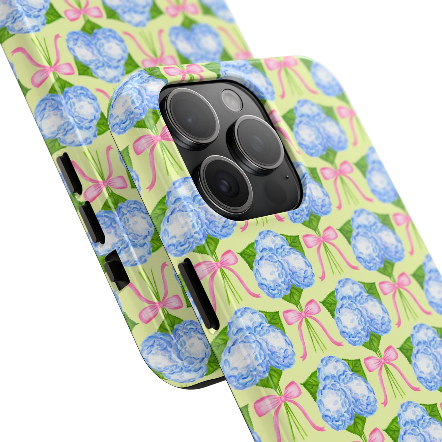 Blue Watercolor Hydrangea Bouquets with Light Pink Bows Watercolor Illustrated Patterned Yellow Tough Phone Case | Various Models