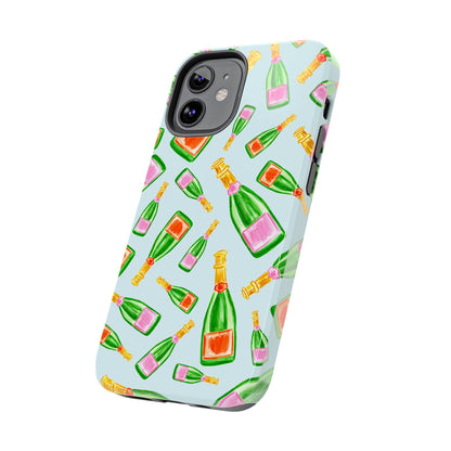 Tossed Pink and Green & Orange and Green Watercolor Illustrated Champagne Bottles Pattern Light Blue Tough Phone Case | Various Models
