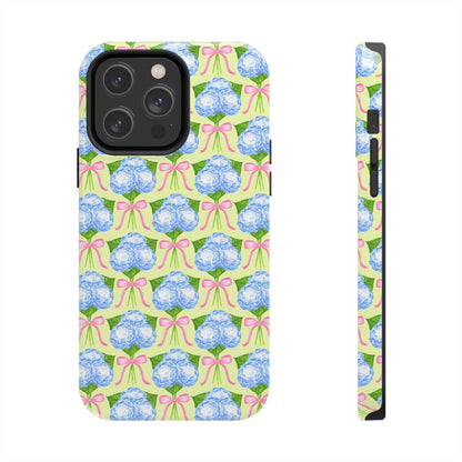 Blue Watercolor Hydrangea Bouquets with Light Pink Bows Watercolor Illustrated Patterned Yellow Tough Phone Case | Various Models