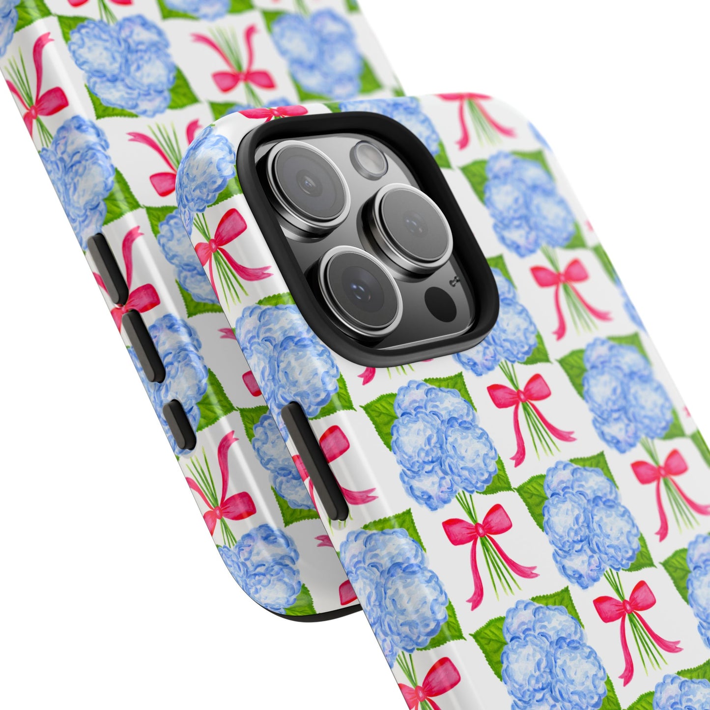 Blue Watercolor Hydrangea Bouquets with Hot Pink Bows Illustrated Patterned Tough Phone Case | Various Models