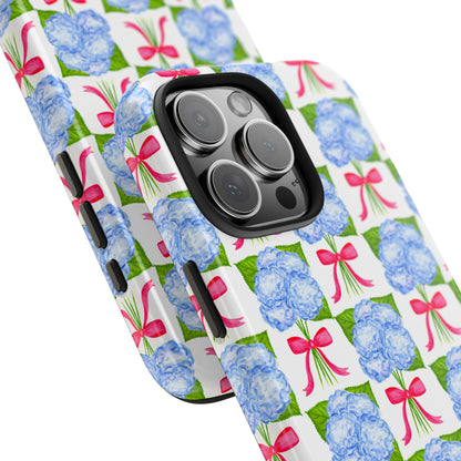 Blue Watercolor Hydrangea Bouquets with Hot Pink Bows Illustrated Patterned Tough Phone Case | Various Models