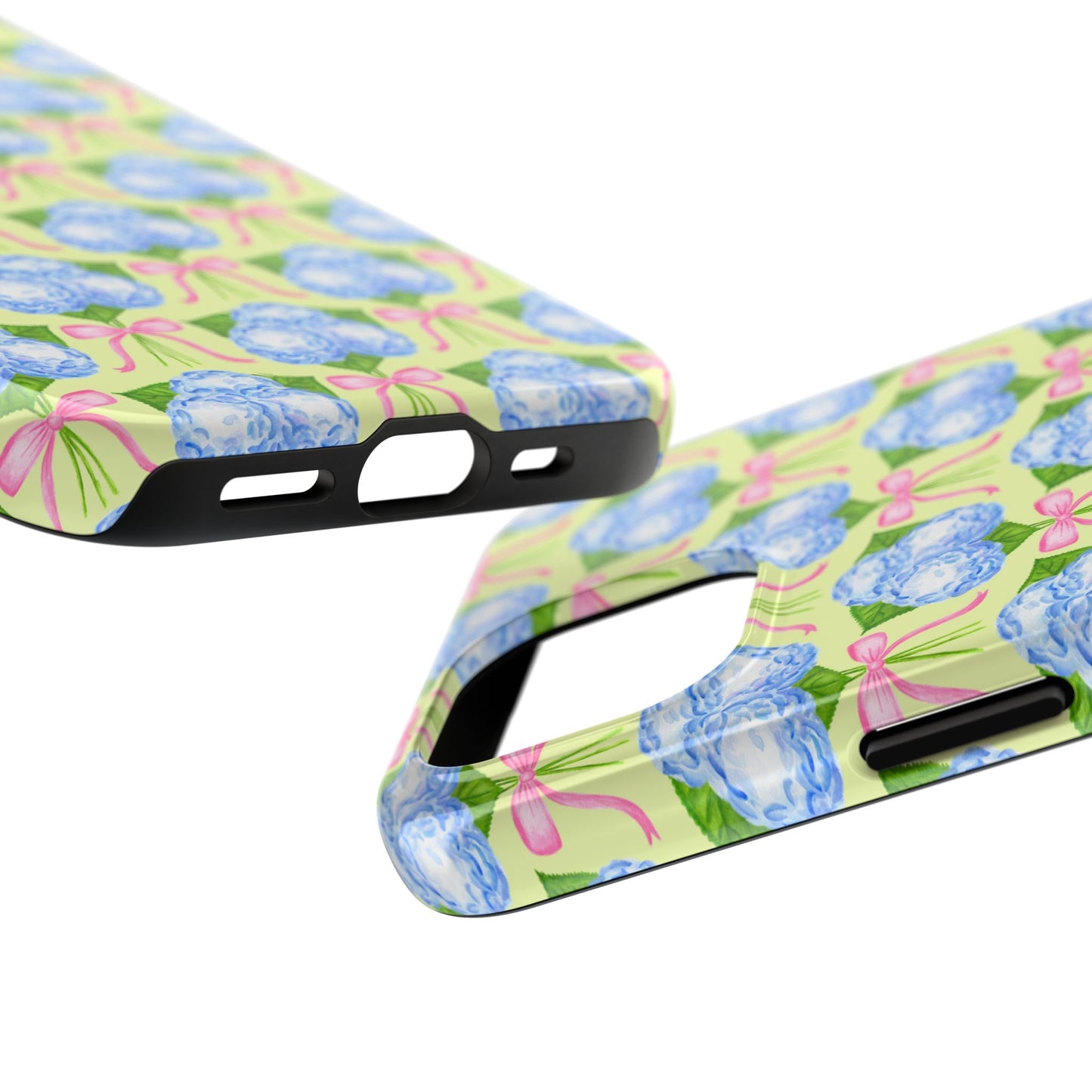 Blue Watercolor Hydrangea Bouquets with Light Pink Bows Watercolor Illustrated Patterned Yellow Tough Phone Case | Various Models