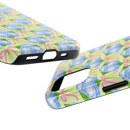 Blue Watercolor Hydrangea Bouquets with Light Pink Bows Watercolor Illustrated Patterned Yellow Tough Phone Case | Various Models