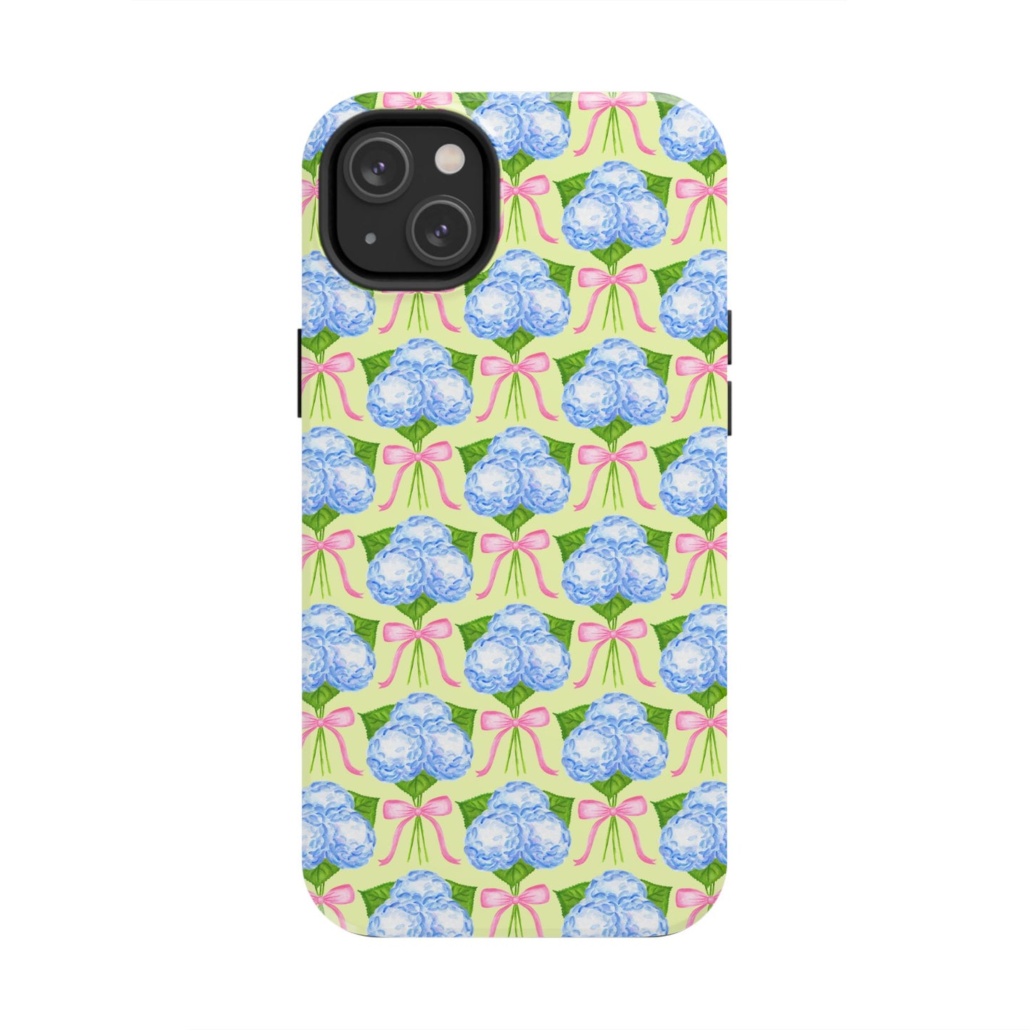 Blue Watercolor Hydrangea Bouquets with Light Pink Bows Watercolor Illustrated Patterned Yellow Tough Phone Case | Various Models