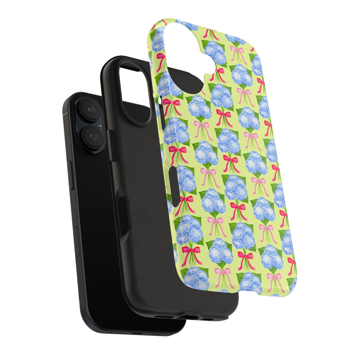Watercolor Blue Hydrangea Bouquets with Hot Pink and Light Pink Bow Ribbons Illustrated Pattern Yellow Tough Phone Case | Various Models