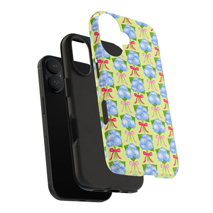 Watercolor Blue Hydrangea Bouquets with Hot Pink and Light Pink Bow Ribbons Illustrated Pattern Yellow Tough Phone Case | Various Models